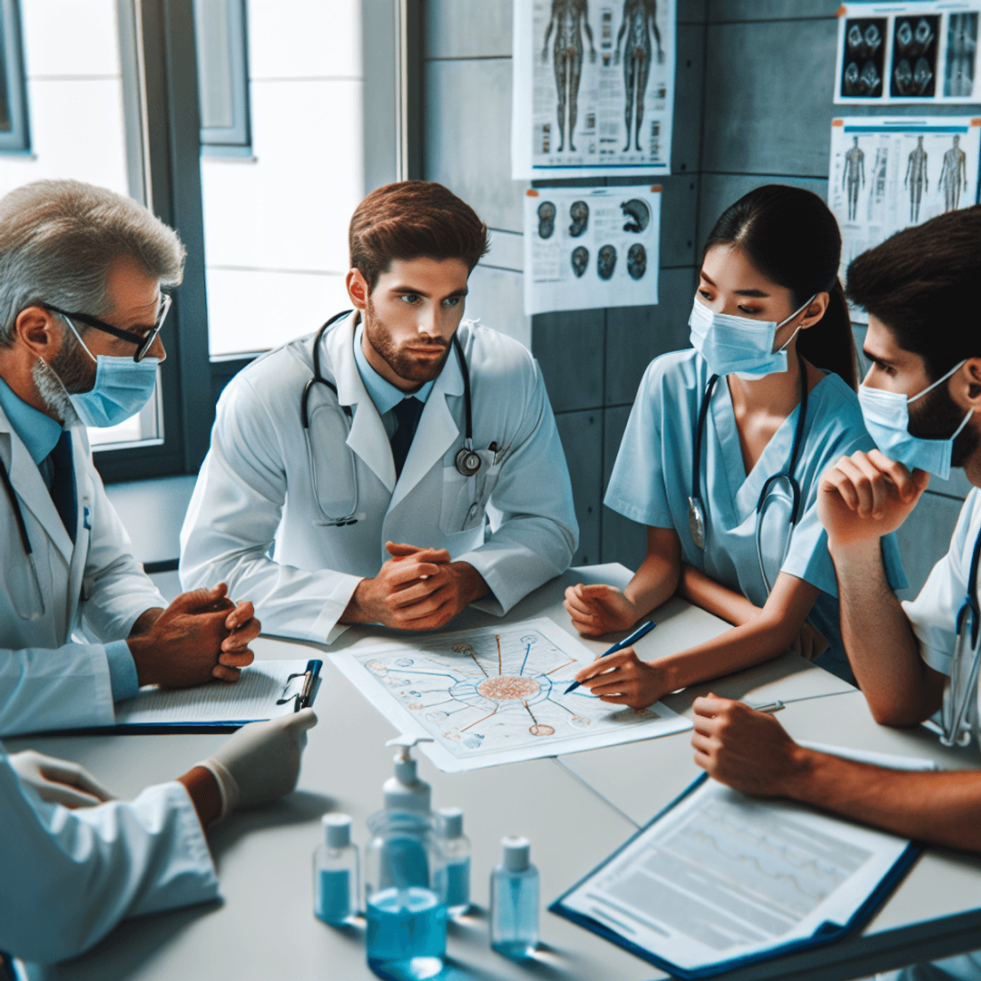 A Caucasian male doctor and a South Asian female nurse are engaged in a serious brainstorming session in a hospital setting, surrounded by medical cha