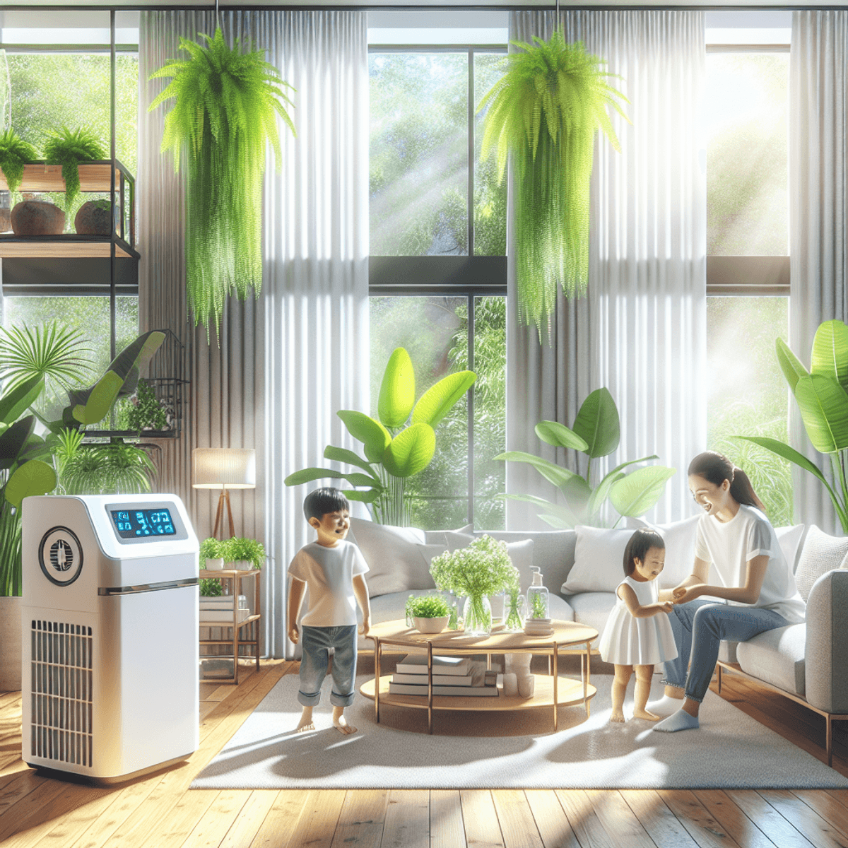 Amit az ózongenerátorokról tudni kell! A bright contemporary living room filled with natural light, featuring an Asian family of four—parents and two children—happily spending time together. The space includes a functioning ozone generator, symbolizing fresh air, and is adorned with various well-cared-for indoor plants that enhance the green ambiance. The modern decor reflects a health-conscious lifestyle, creating a refreshing and inviting atmosphere.