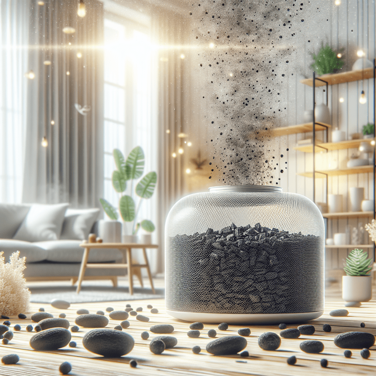Az aktívszén felhasználási területei: Tudd meg, miért annyira hatékony! A close-up view of activated charcoal granules inside a clean air purifier, set against a bright and cozy indoor background. Delicate rays of light filter through the scene, enhancing the sense of air purification. The texture of the charcoal granules is detailed and realistic, surrounded by a fresh and clean atmosphere that evokes feelings of cleanliness and freshness.