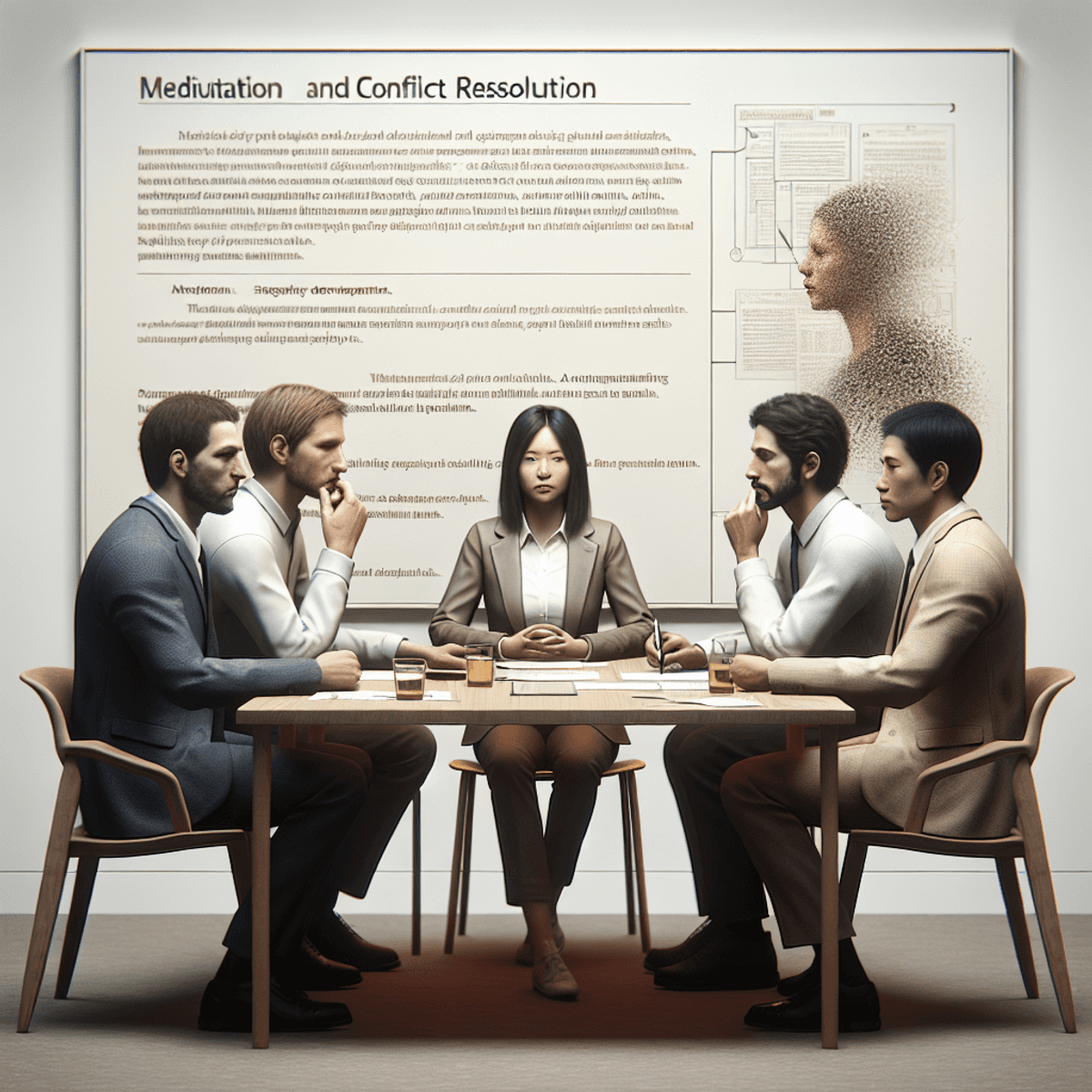 Milyen jogi lépéseket tehetünk a problémás szomszédok ellen? A diverse group engaged in a mediation meeting, featuring a Caucasian man, an Asian woman, and a Hispanic man. They sit around a table filled with documents and notes, showing focused expressions as they collaborate on strategy development, embodying a constructive dialogue and conflict resolution process.