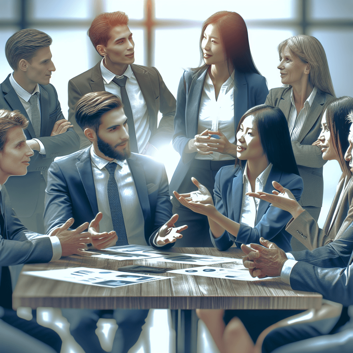 Kommunikálj Mint Egy Profi: Alap Technikák Mindennapi Használatra A diverse group of business professionals, including Caucasian, Asian, and Hispanic individuals, engaged in a lively discussion in a modern office setting. They are animatedly gesturing with their hands, showcasing expressive faces that reflect enthusiasm and collaboration. The background features a sleek conference table, large windows allowing natural light, and contemporary decor that enhances the professional atmosphere.