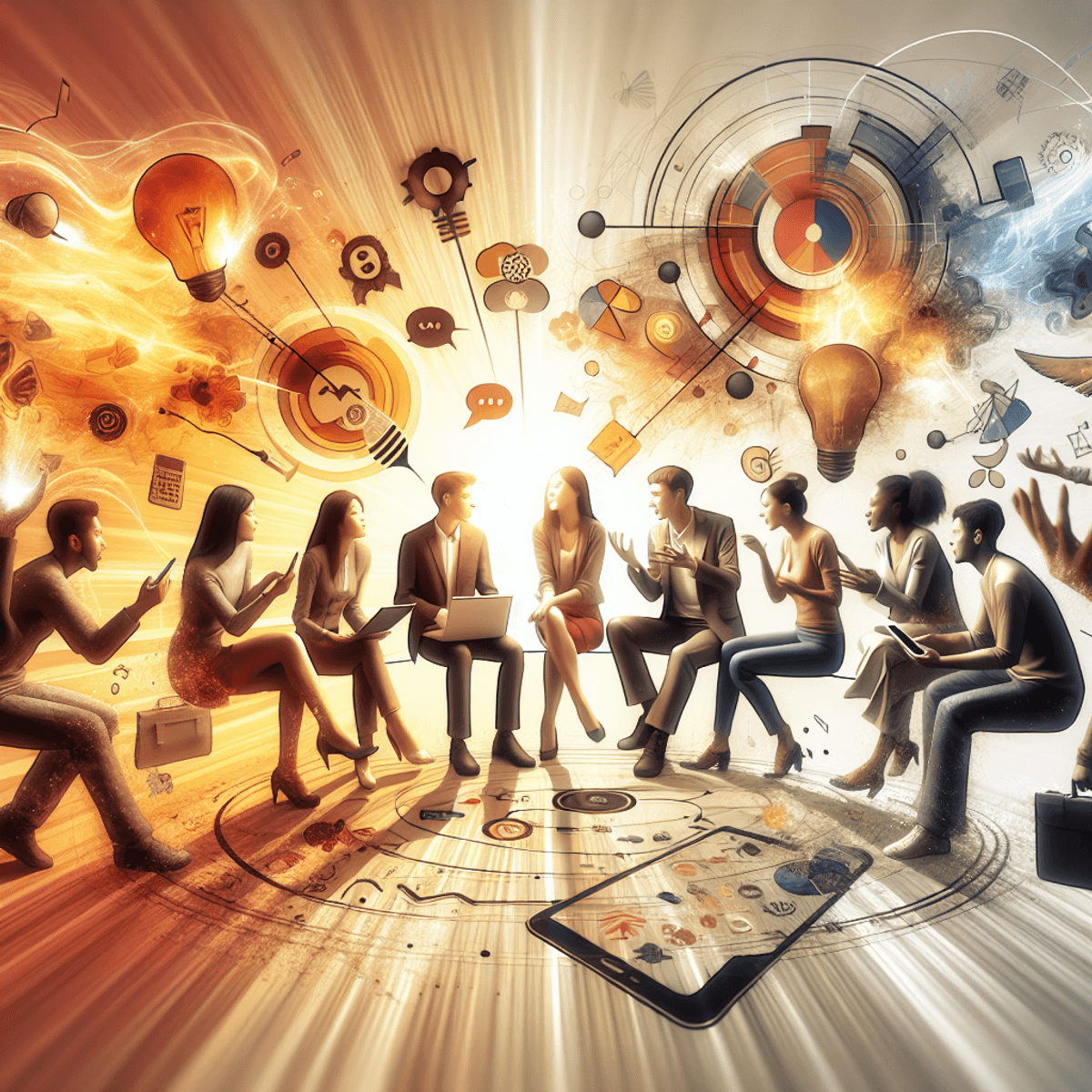 Kommunikálj Mint Egy Profi: Alap Technikák Mindennapi Használatra A diverse group of individuals, including Caucasian, Asian, and Hispanic descent, engaged in an animated discussion, surrounded by smartphones and laptops in a bright, warm setting that conveys a welcoming atmosphere.