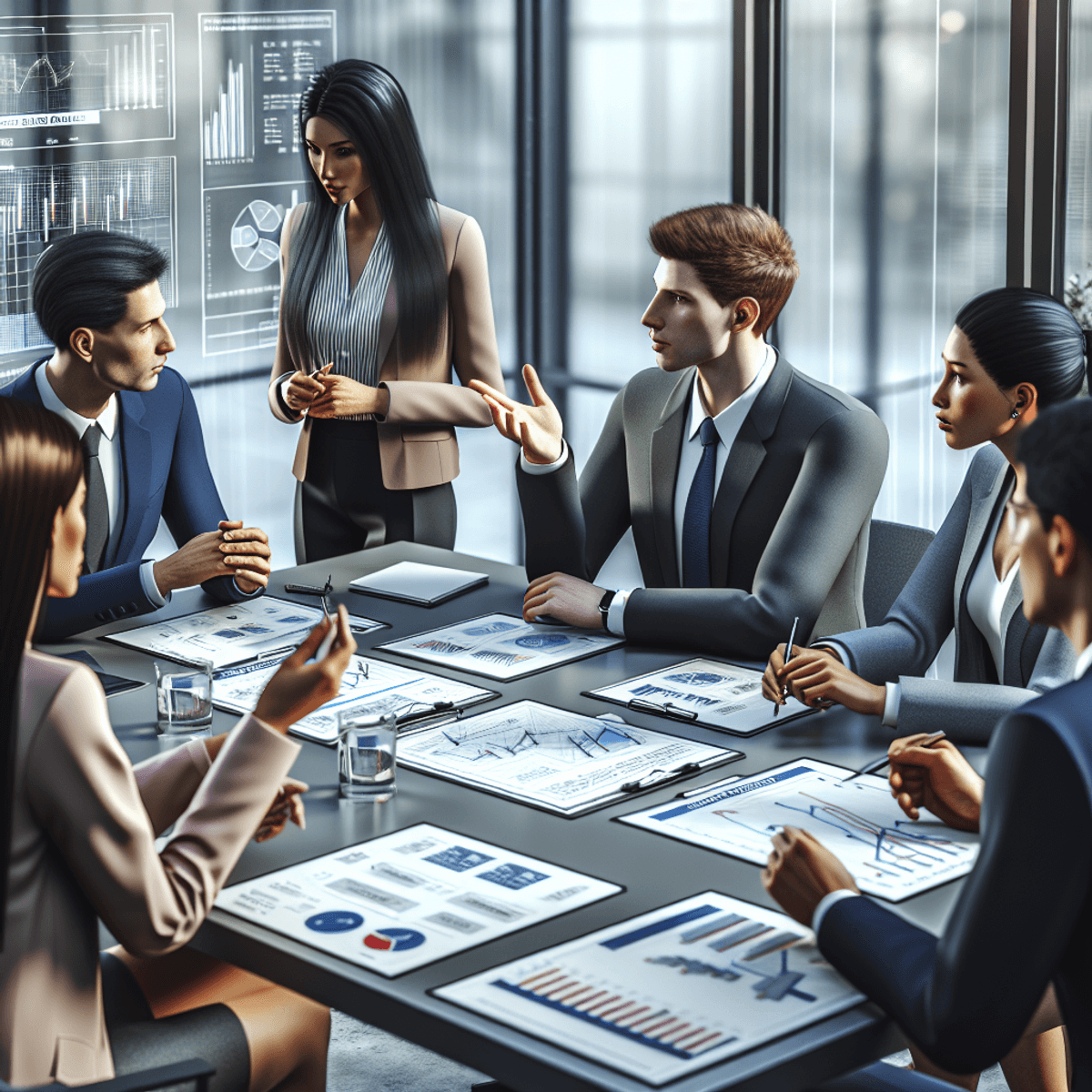 A hangoskodó szomszédok megfékezése: Jogaink és lehetőségeink A diverse group of professionals, including Caucasian, Hispanic, and Asian individuals, engaged in a focused discussion around a table filled with charts and documents in a modern office setting.