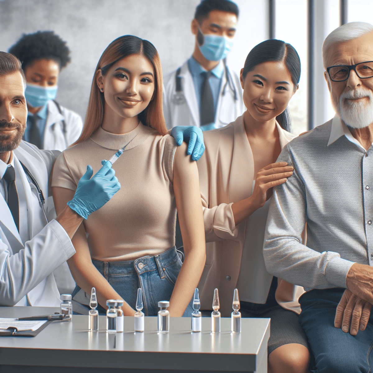 A diverse group of three individuals in a modern health clinic setting, featuring a Caucasian man, an Asian woman, and a Hispanic elderly person, all receiving vaccinations. The scene includes small vials and syringes symbolizing contemporary mRNA vaccines. Medical personnel in professional attire assist them at a vaccination booth, while the patients display positive expressions, conveying a sense of unity and health awareness. The clinic is well-lit and organized, highlighting a welcoming atmosphere for community health initiatives.