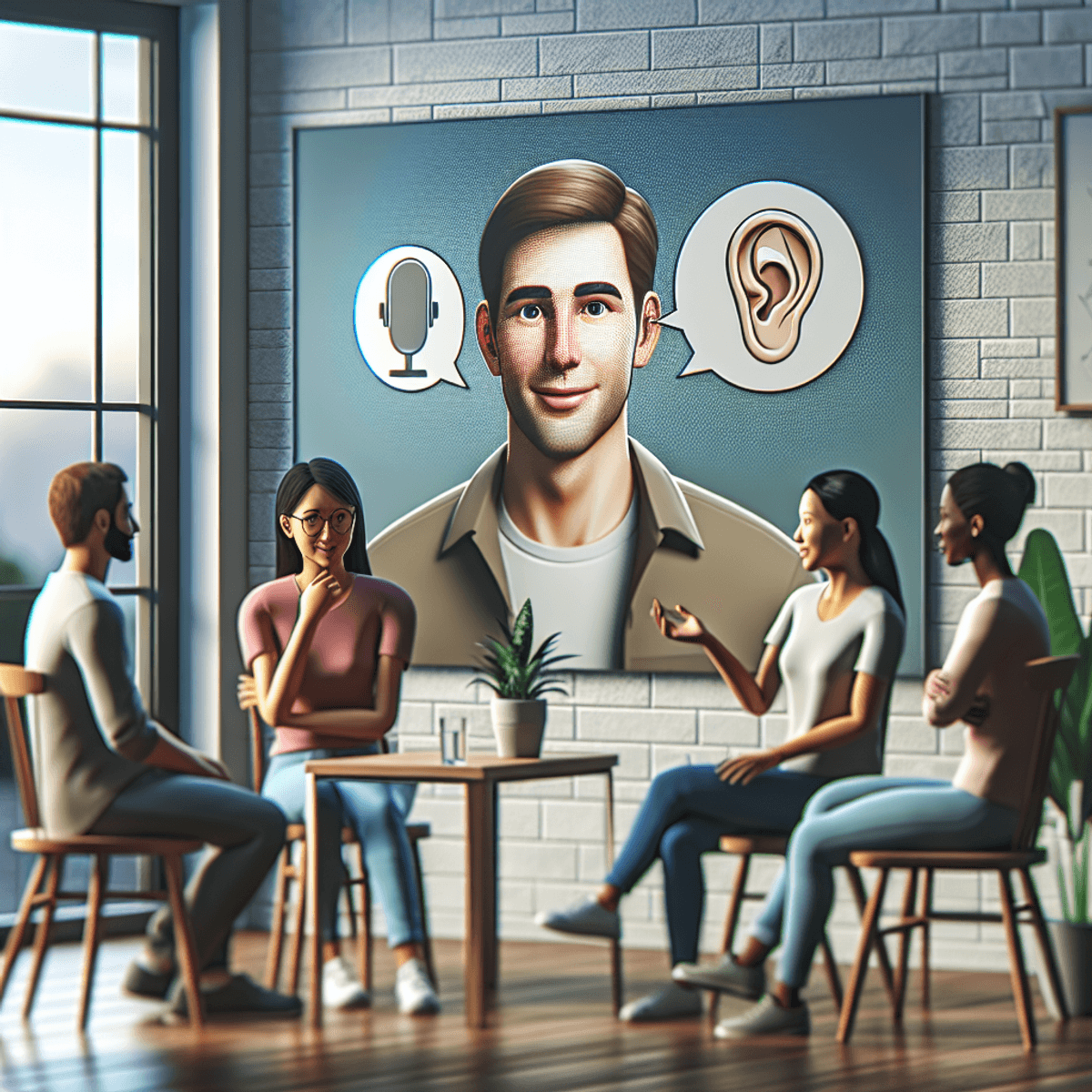 Kommunikálj Mint Egy Profi: Alap Technikák Mindennapi Használatra A diverse group of three people engaged in a conversation, showcasing active listening. The scene features a Caucasian man, an Asian woman, and a Hispanic man, all displaying expressions of understanding and empathy. They are seated in a serene, friendly environment with soft lighting, indicating a warm atmosphere conducive to meaningful dialogue. Each individual is leaning slightly forward, with attentive facial expressions that reflect their deep involvement in the discussion.