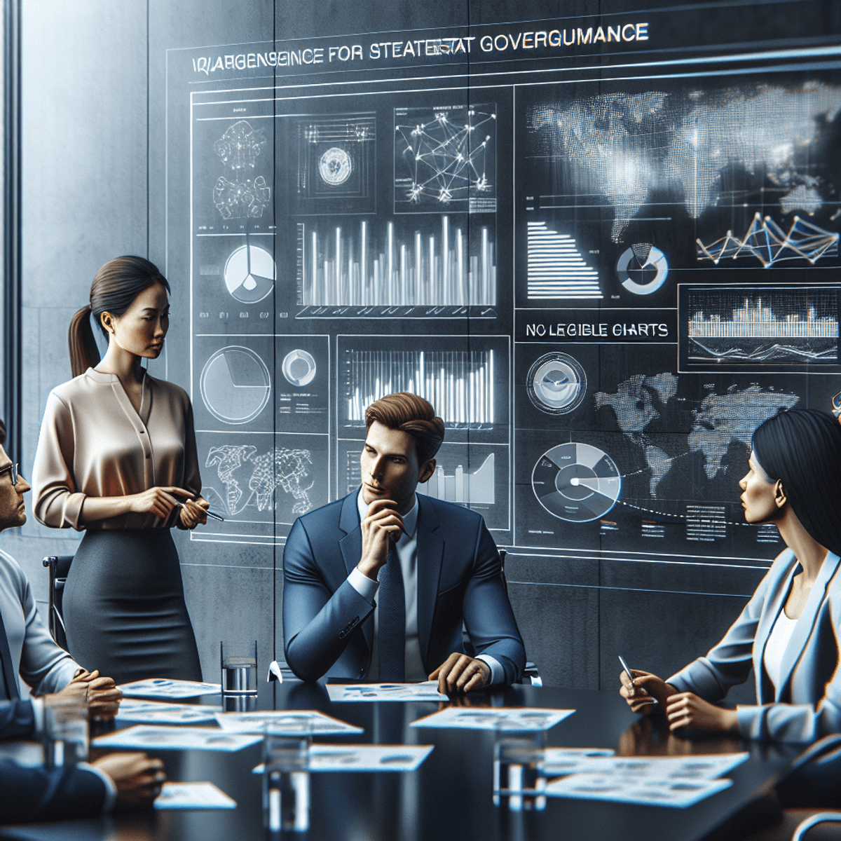A diverse group of three professionals, a Caucasian woman, an Asian man, and a Hispanic woman, engaged in a serious discussion in a modern office setting. They are surrounded by a presentation screen filled with abstract charts and graphs, emphasizing collaboration and strategic planning without any readable text. The atmosphere conveys focus and teamwork.