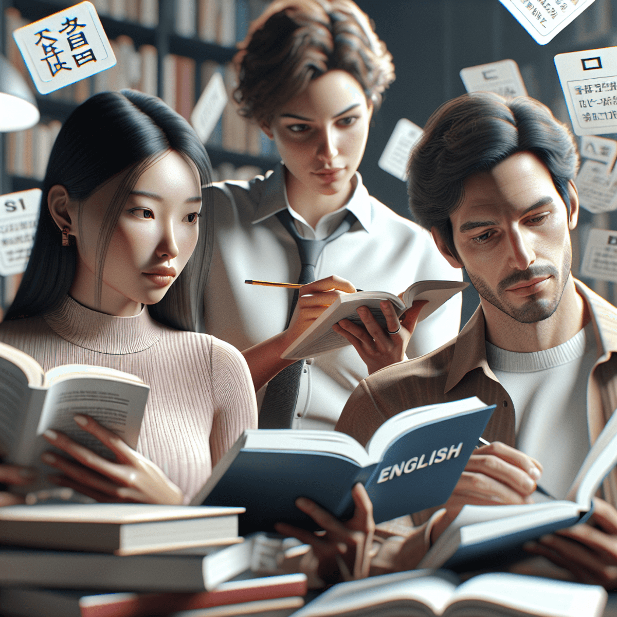 A diverse group of three students engaged in a study session in a cozy room filled with books and flashcards. An Asian woman looks focused, a Caucasian man flips through a book, and a Hispanic woman takes notes, all immersed in their learning environment. The scene emphasizes collaboration and the essence of education through their interactions, surrounded by language learning materials.