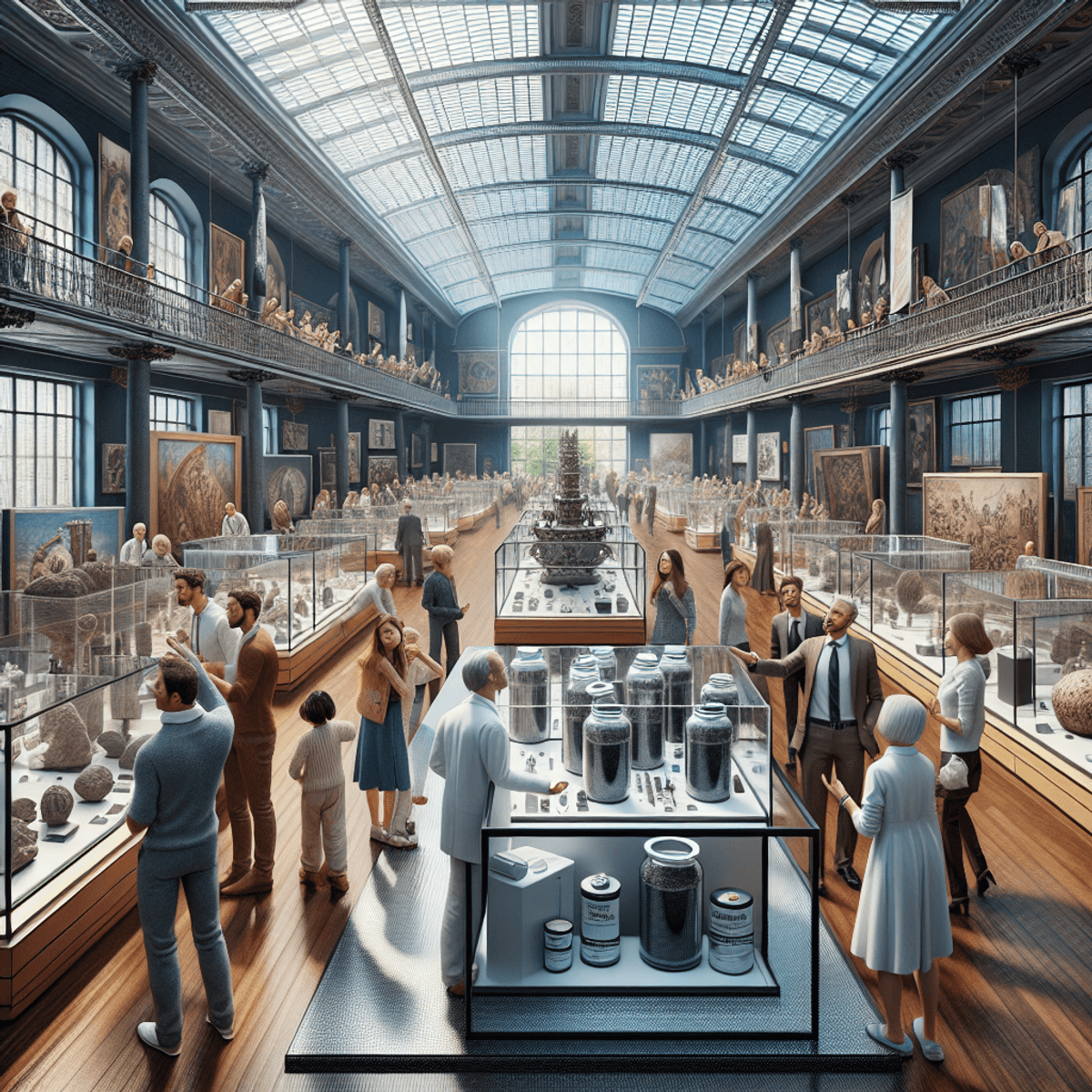 Az aktívszén felhasználási területei: Tudd meg, miért annyira hatékony! A hyper-realistic museum interior showcasing various artifacts under protective glass displays. The centerpiece features activated carbon products, symbolizing conservation efforts. A Caucasian woman, an Asian man, and a Hispanic child are engaged in a passionate discussion about environmental protection, surrounded by other patrons. Symbols representing conservation and the environment are subtly integrated into the scene, maintaining a realistic style throughout.