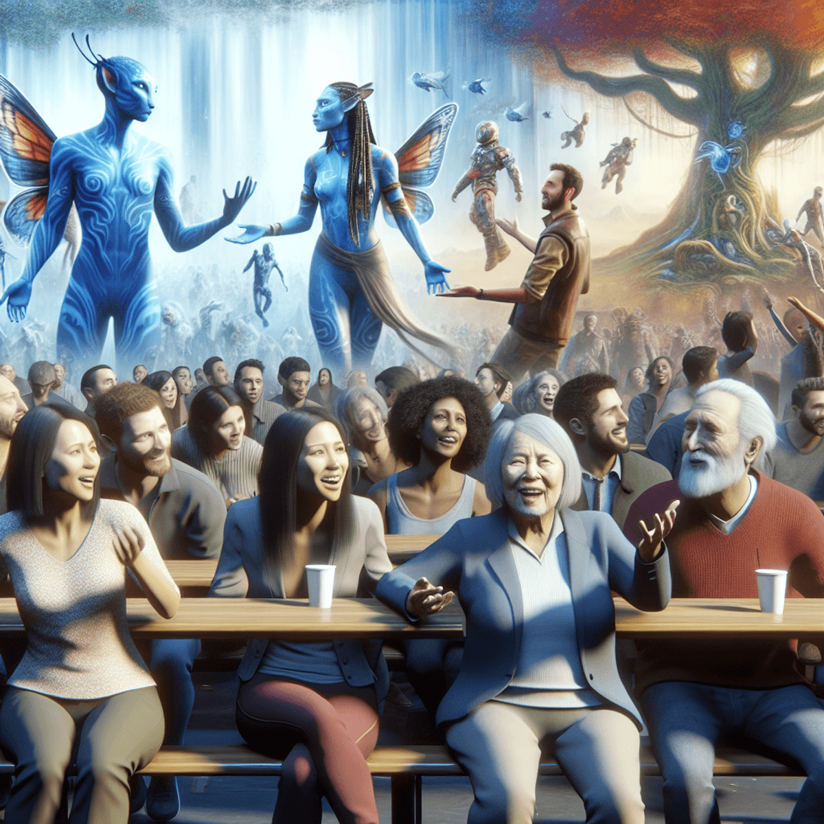 A hyperrealistic image of a bustling cinema environment featuring a diverse crowd. A South Asian woman, a Hispanic male, and a Caucasian elderly person are animatedly discussing films, their faces expressing enthusiasm and joy as they gesture and laugh. Behind them, a large muralsque visual inspired by the 'Avatar' poster showcases a giant tree, blue creatures, and floating islands, capturing the excitement and cultural significance of cinema in the air.