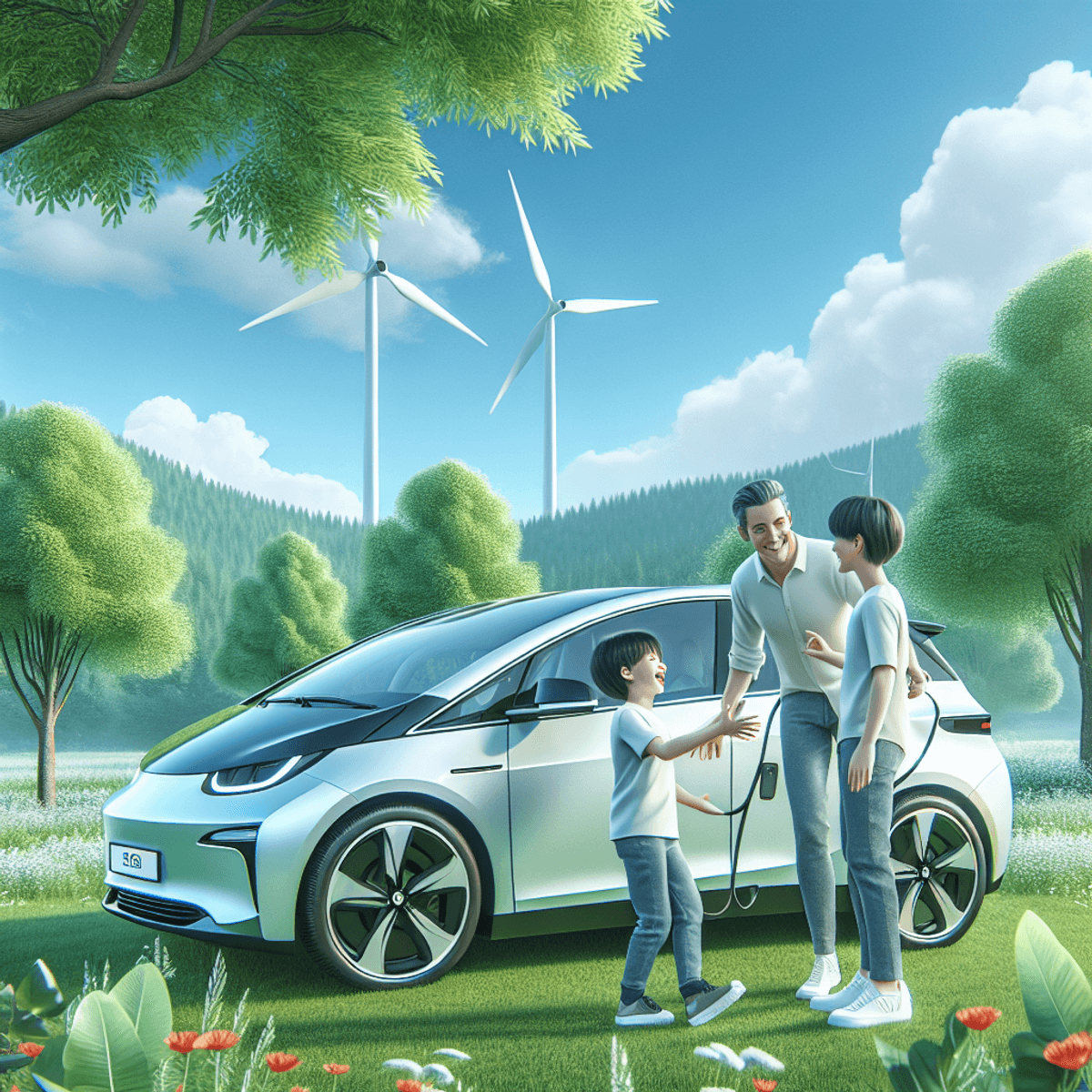 A modern electric car parked in a vibrant green landscape, surrounded by tall, flourishing trees under a clear blue sky. In the foreground, a joyful Caucasian family is engaged in a playful moment together near their car, expressing happiness and a sense of eco-friendliness.