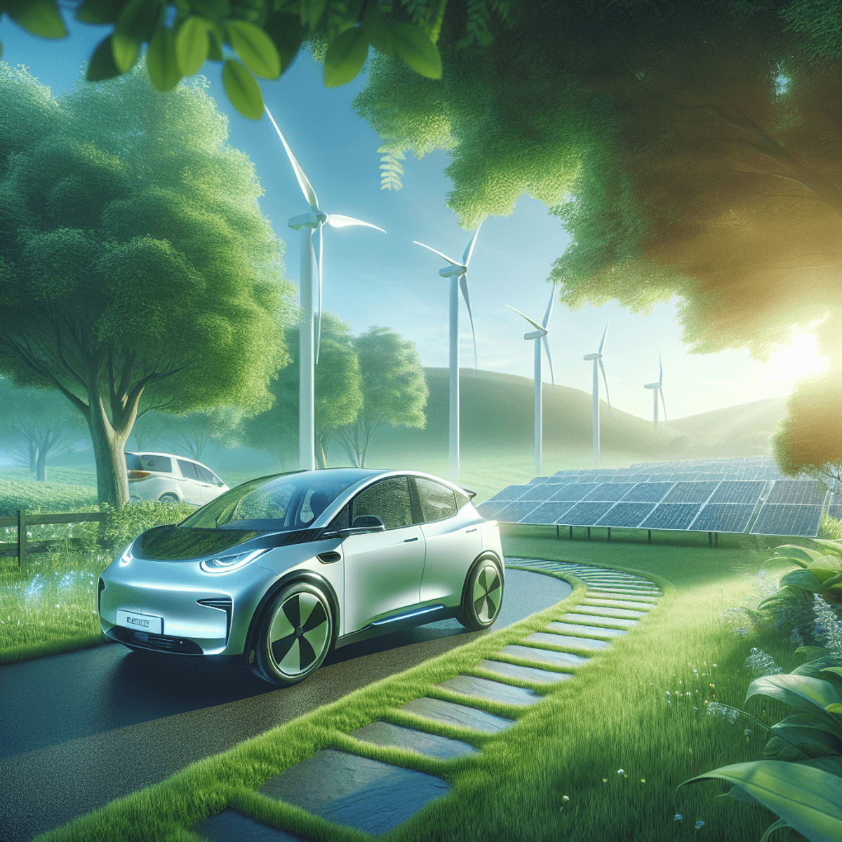 A modern electric vehicle parked on a pathway amidst lush green grass and tall trees, providing cool shade. In the background, solar panels gleam in the sunlight while wind turbines spin gently in the breeze. The scene is under a cerulean sky, illuminated by soft morning light, evoking a sense of progress and eco-friendliness.