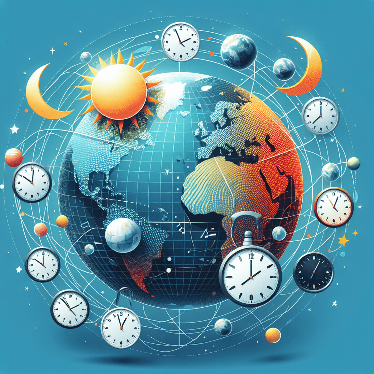 Kérdés: Vajon Ki Találta Fel Az Időzónákat, és Miért? A realistic globe displaying various time zones, adorned with symbols of the sun and moon to indicate day and night. Artistic clocks are positioned around the globe, each showing different times, symbolizing global communication and advancements in time management technology. The globe's surface features detailed continents and oceans, enhancing its realistic appearance.