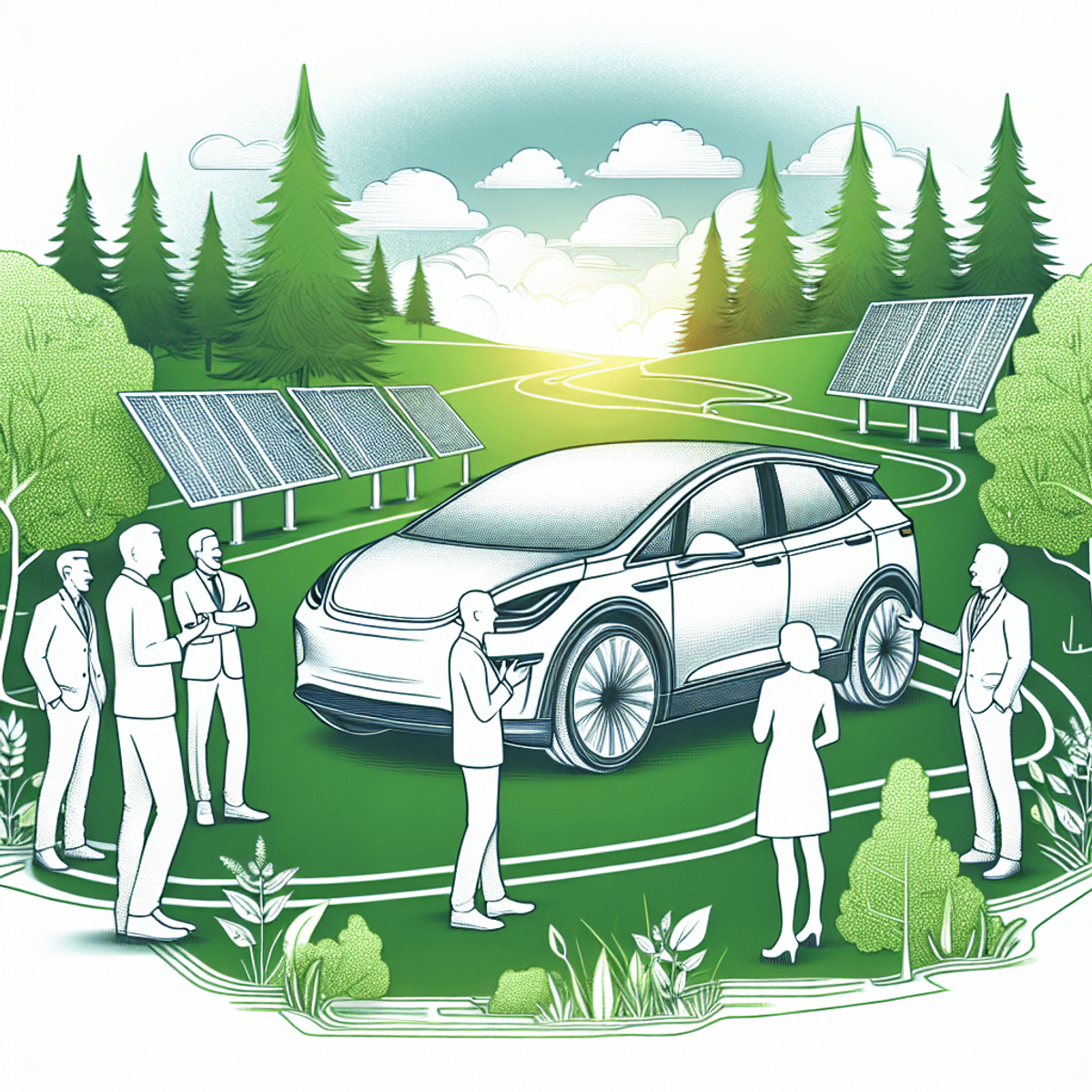 A sleek, advanced electric car parked in a vibrant green landscape, surrounded by trees and solar panels. A diverse group of Caucasian and Hispanic individuals are happily conversing nearby, smiling and gesturing as they discuss the benefits of electric vehicles, highlighting themes of environmental sustainability and eco-friendly transportation.