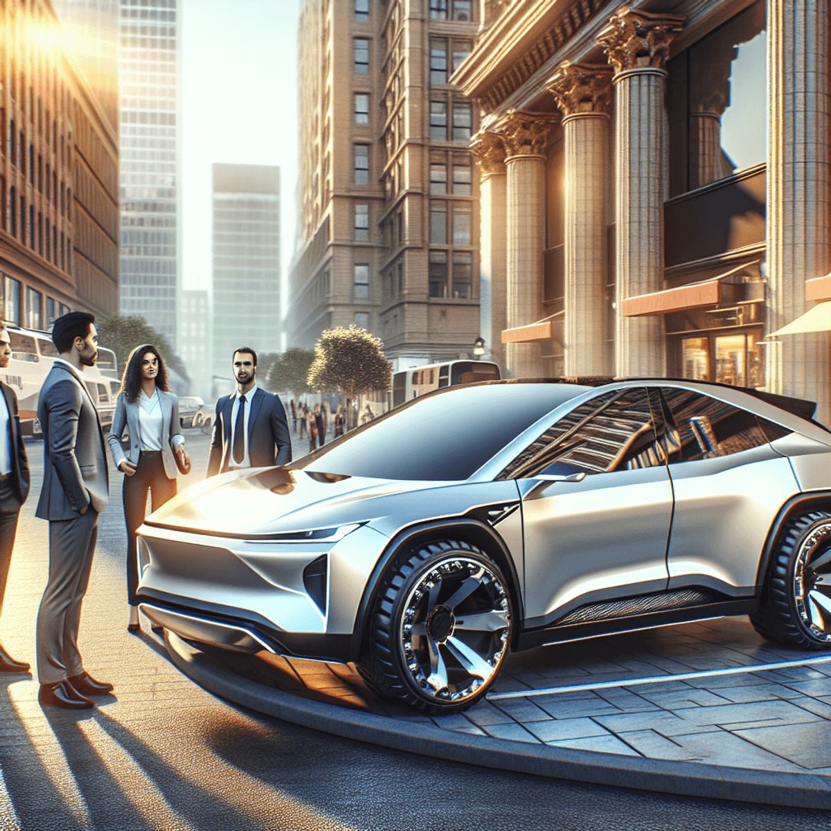 A sleek, modern electric SUV gleams under the sunlight, parked on a bustling city street. Surrounding the vehicle are three people: a Caucasian man in business attire, looking intrigued by the design; a Hispanic woman in her twenties, expressing wonder and fascination; and a Caucasian teenager captivated by the cutting-edge technology. The urban environment features vibrant city life with buildings and pedestrians in the background.