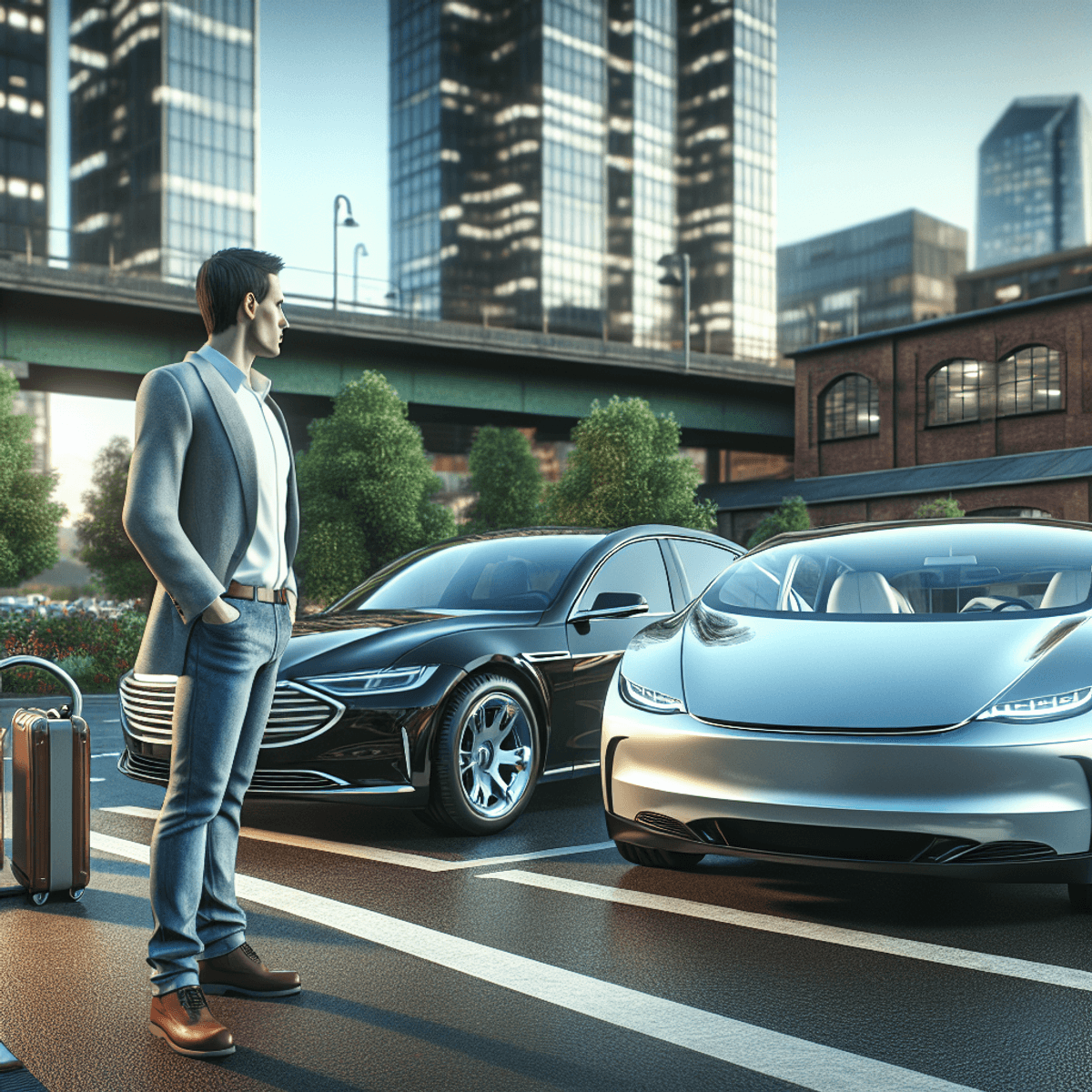 A sleek, modern electric car gleams in the sunlight, parked next to a traditional gasoline car in an urban setting. A Caucasian male, dressed in attire suggesting he is an engineer or automobile enthusiast, observes the electric car with a look of interest and admiration. Tall city buildings rise in the background against the sky, while scattered trees provide greenery amidst the steel and concrete surroundings.