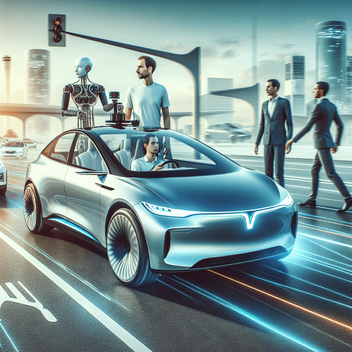 A sleek, modern electric car glides effortlessly along a futuristic highway, showcasing its advanced autonomous driving technology. The car features smooth lines and a glossy finish, with illuminated accents highlighting its high-tech design. In the foreground, two men interact with the vehicle: one Caucasian man gestures toward the car's interface while a Hispanic man observes with interest. Surrounding them are abstract symbols of innovation, such as floating holograms representing data and connectivity. The highway is lined with smart infrastructure, including dynamic traffic lights and charging stations, all set against a backdrop of a vibrant city skyline with green spaces integrated into the urban design.