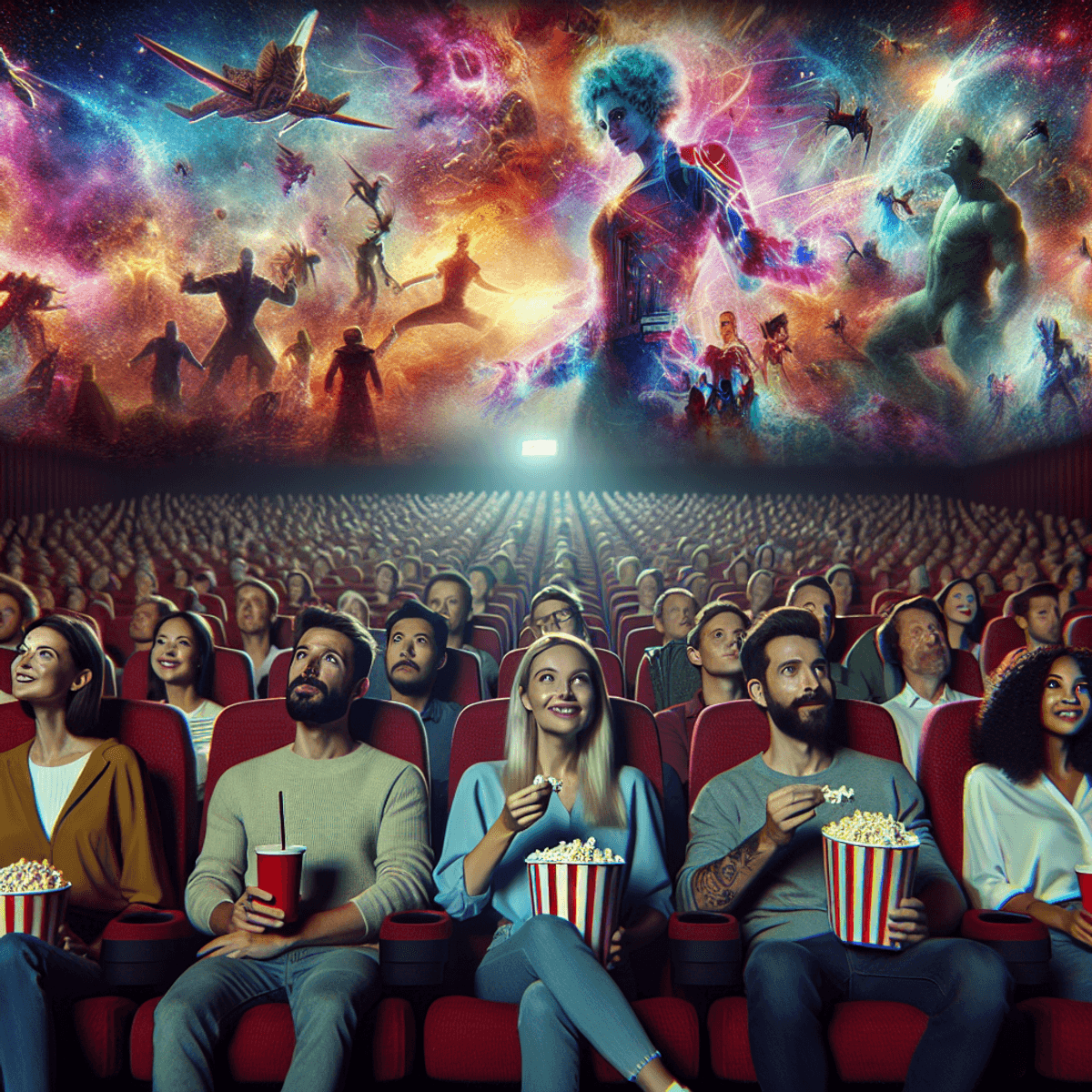 A vibrant cinema interior filled with a diverse audience, including Caucasian, Asian, and Hispanic individuals. The viewers are engaged, with expressions of suspense and pleasure on their faces as they watch a nebulous, colorful spectacle on the large screen. The scene captures the essence of a fantastical film experience, with the audience holding popcorn and drinks, embodying the joy of cinema in a lively atmosphere.