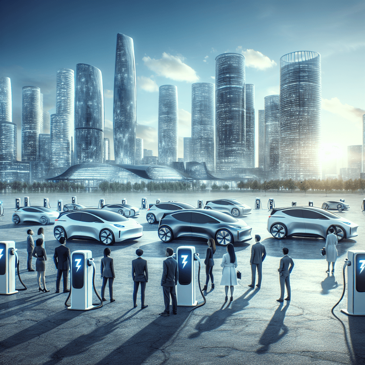 A vibrant futuristic cityscape under a clear blue sky, featuring sleek electric vehicles parked at numerous charging stations. A diverse group of people, including individuals of Asian and Caucasian descent, stands together with expressions of pride and curiosity, admiring their modern electric cars. Symbols of sustainability and innovation are subtly integrated into the scene, emphasizing a hopeful future driven by electric power.