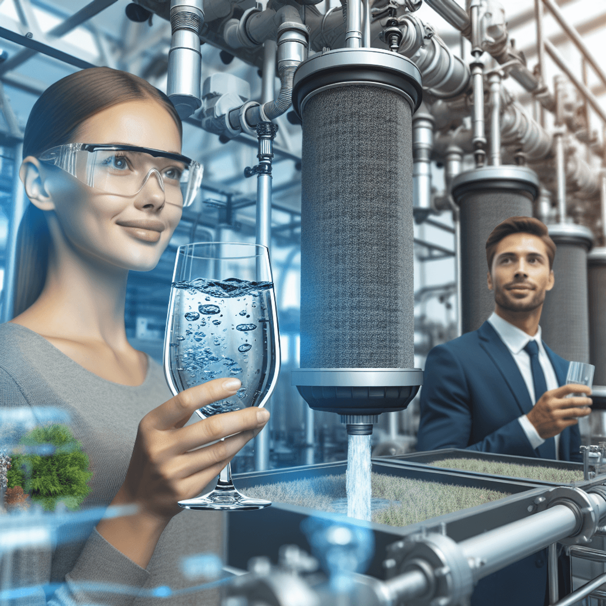 Az aktívszén felhasználási területei: Tudd meg, miért annyira hatékony! A water treatment station featuring large activated carbon filters, with clear, pristine water being poured into a glass. A Caucasian woman and a Hispanic man, dressed in casual attire, stand nearby observing the process with satisfied expressions. The machinery is detailed and prominent, highlighting the clean water treatment theme.