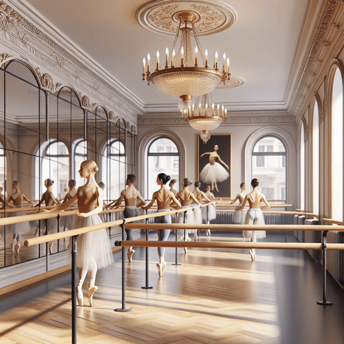 Felnőtt Balett: A Megújulás és Önkifejezés Forrása Mindenkinek An elegant ballet studio in Budapest with a traditional wooden barre, where dancers of diverse descents and genders practice pliés. The spacious room features large mirrors, ballet posters on the walls, and soft, calming lighting. The dancers wear beautifully detailed ballet outfits, showcasing the grace and beauty of adult ballet classes.