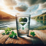 Egy átlátszó pohár tiszta vízzel van tele, amely egy texturált faasztalon áll, egy nyugodt hátteret képezve egy enyhén hullámzó folyó vagy tó mellett.