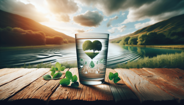 Egy átlátszó pohár tiszta vízzel van tele, amely egy texturált faasztalon áll, egy nyugodt hátteret képezve egy enyhén hullámzó folyó vagy tó mellett.