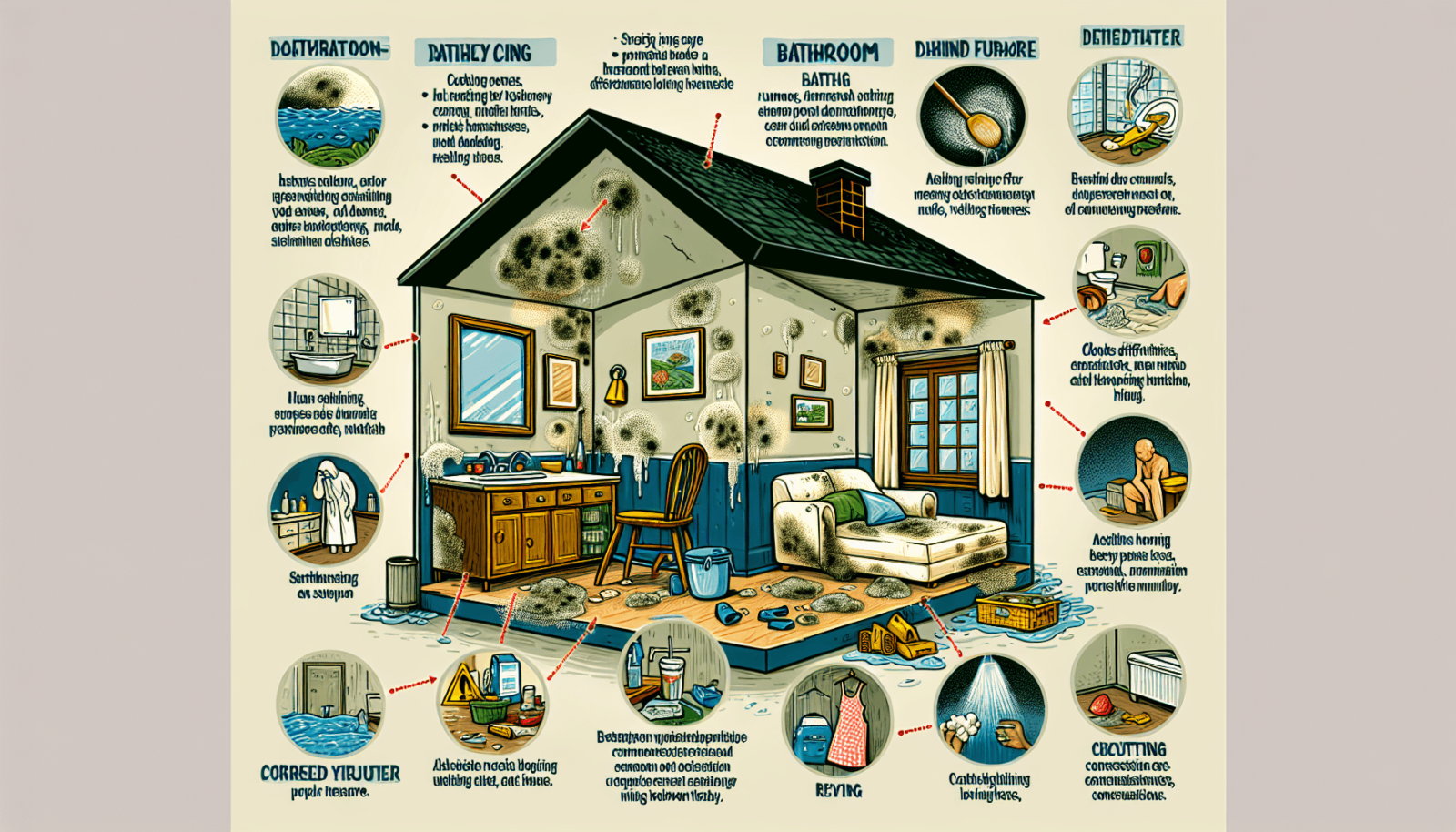 Egy digitális művészeti ábrázolás egy penészes sarokról, amely a penész problémáját jelképezi otthonokban.