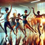 Egy élénk és valósághű kép látható egy többnemzetiségű felnőtt csoportról, akik balettelnek egy világos, tágas stúdióban. A különböző származású egyén