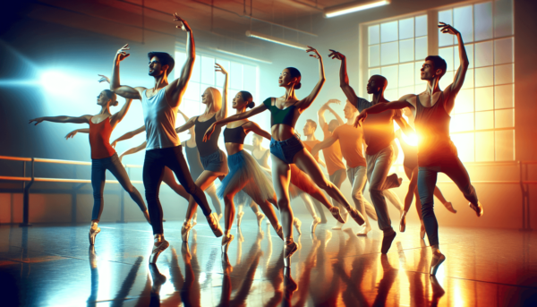 Egy élénk és valósághű kép látható egy többnemzetiségű felnőtt csoportról, akik balettelnek egy világos, tágas stúdióban. A különböző származású egyén