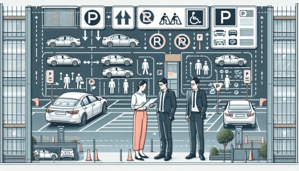Egy forgalmas városi parkoló, tele leparkolt autókkal, körülöttük pedig világos szimbólumok és ikonok ábrázolják a parkolási szabályokat szöveg nélkül