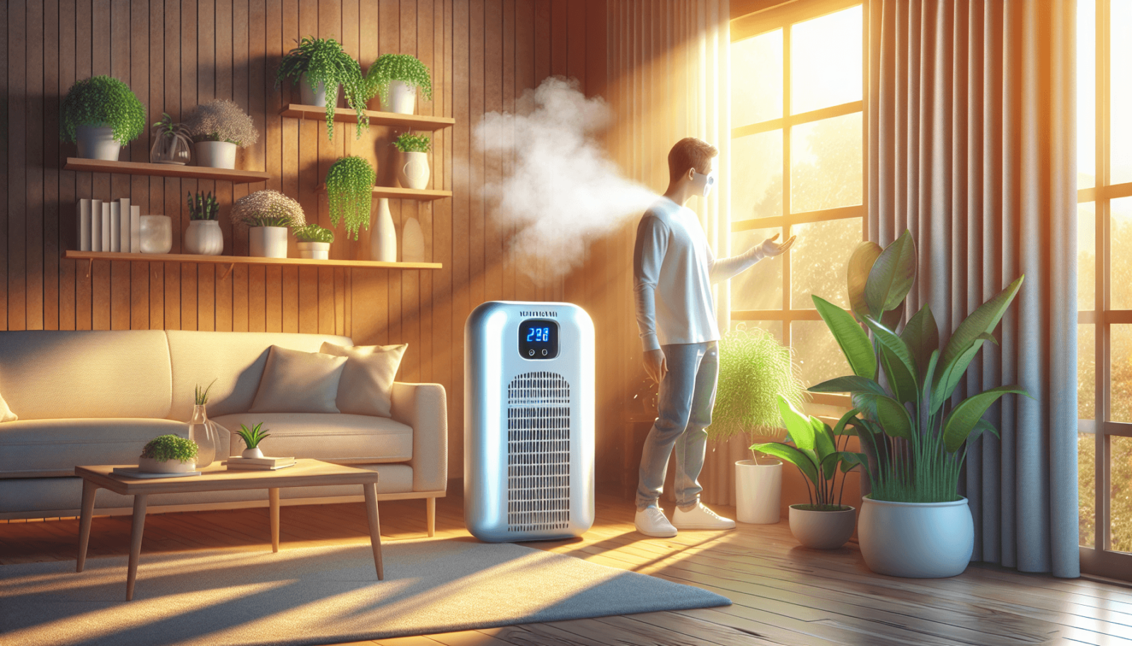 Egy hangulatos modern nappali szoba napfény áradásával egy nagy ablakon keresztül, megvilágítva az teret. Egy ózon generátor feltűnően helyezkedik el