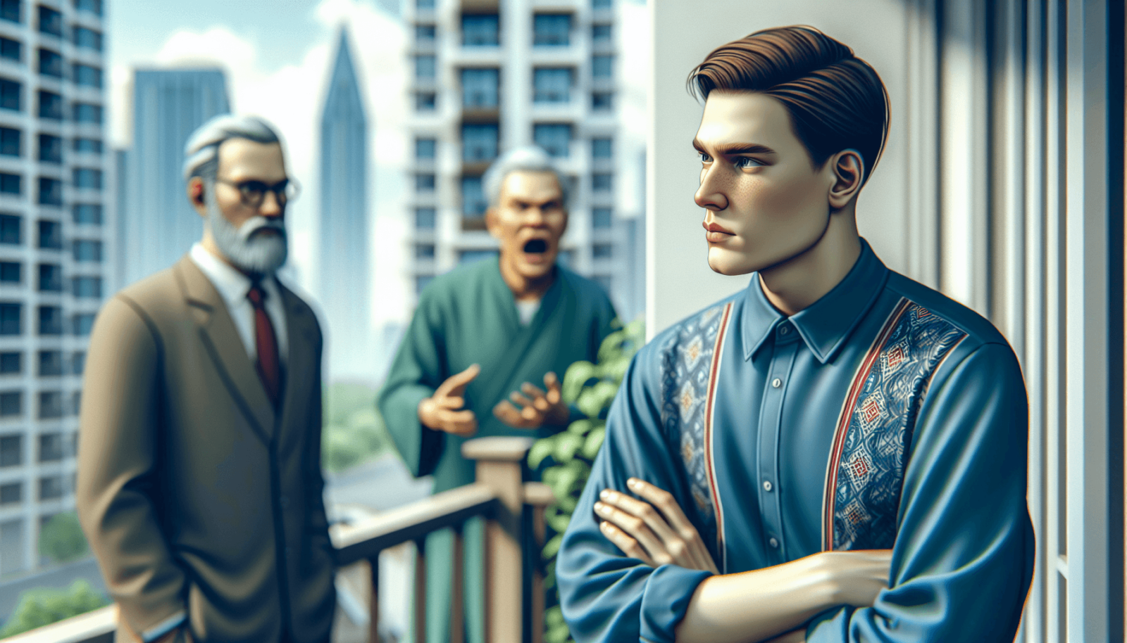 Egy komoly tekintetű kaukázusi pár mély beszélgetésbe merül, a nő érzékletesen gesztikulál, míg a férfi figyelmesen hallgatja. A háttérben egy elégede