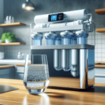 Egy modern fordított ozmózis víztisztító rendszer van telepítve egy tiszta, minimalist konyhapultra. A rendszer elegáns, fém dizájnjában átlátszó csöv