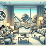 Egy nyugodt nappali puha világítással és kényelmes bútorokkal, egy nagy ablakkal, amelyen át egy békés külvárosi környezet tárul elénk. Egy ázsiai csa