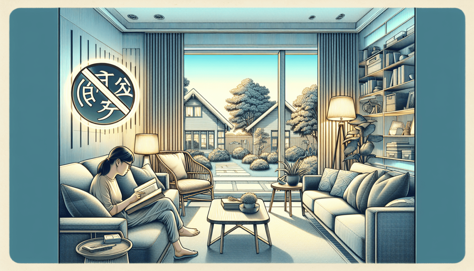 Egy nyugodt nappali puha világítással és kényelmes bútorokkal, egy nagy ablakkal, amelyen át egy békés külvárosi környezet tárul elénk. Egy ázsiai csa