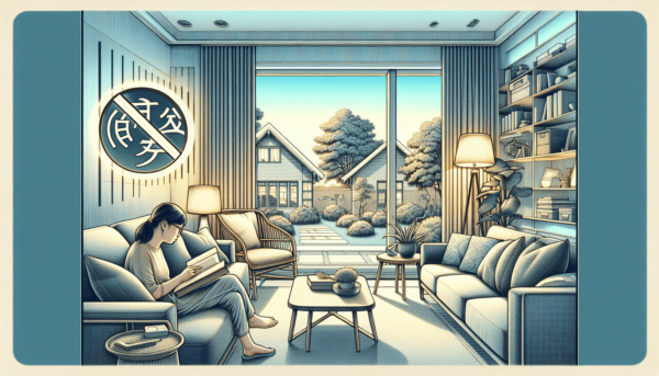 Egy nyugodt nappali puha világítással és kényelmes bútorokkal, egy nagy ablakkal, amelyen át egy békés külvárosi környezet tárul elénk. Egy ázsiai csa