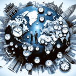 Egy részletes világtérkép ábrázolja a különböző időzónákat, mindegyiket egyedi szimbólumokkal jelölve, amelyek más-más időt mutatnak az órákon. A nagy