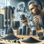 Egy spanyol férfi különböző formájú aktivált szén, beleértve a szemcséket és a porokat is, vizsgál egy tiszta felületen elhelyezve. Mellette egy elegá