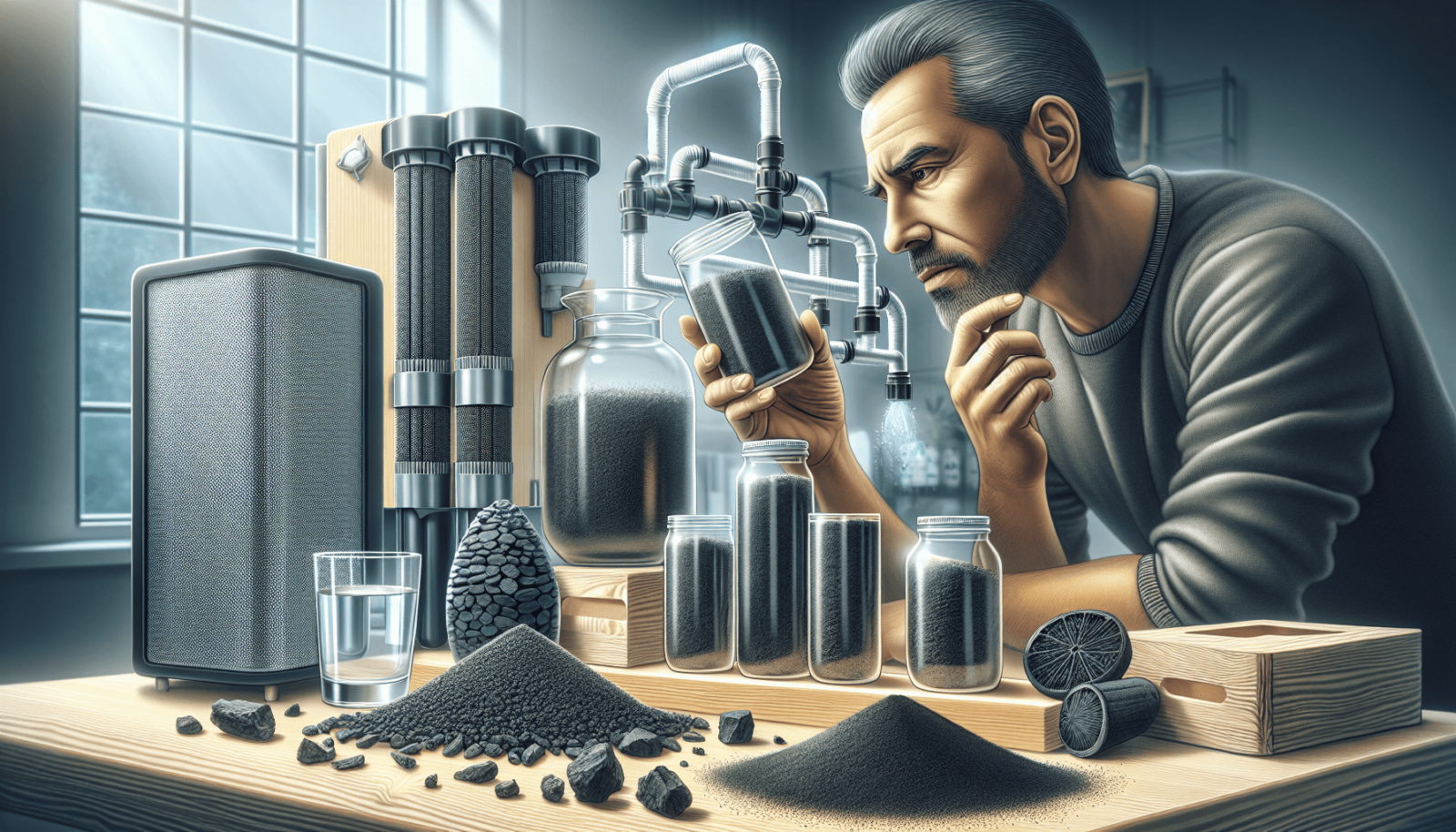 Egy spanyol férfi különböző formájú aktivált szén, beleértve a szemcséket és a porokat is, vizsgál egy tiszta felületen elhelyezve. Mellette egy elegá