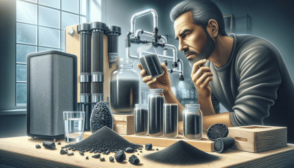 Egy spanyol férfi különböző formájú aktivált szén, beleértve a szemcséket és a porokat is, vizsgál egy tiszta felületen elhelyezve. Mellette egy elegá