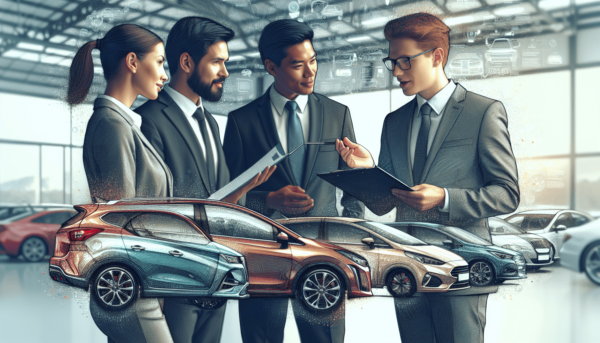 Egy többnemzetiségű három fős csoport gyűlik össze egy használt autóval a kereskedésben. Egy fehér férfi, egy ázsiai nő és egy spanyol férfi részt ves