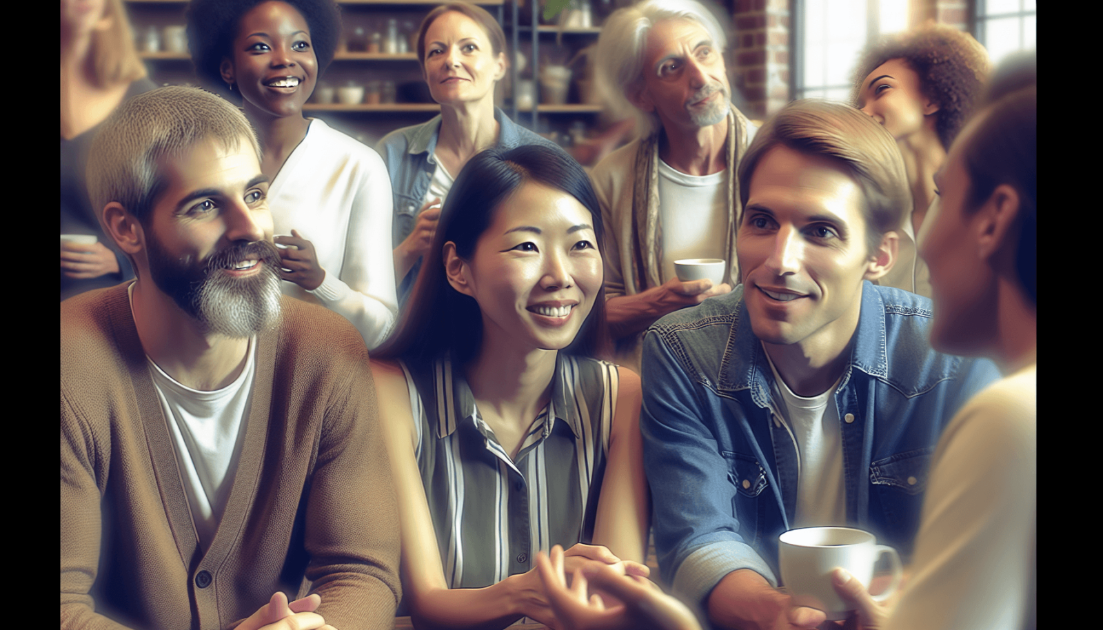 Egy változatos háromtagú csoport élénk beszélgetésbe merült egy hangulatos kávézóban. Egy rövid barna hajú kaukázusi személy, egy hosszú fekete hajú á