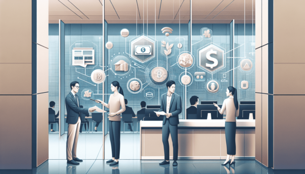 Egy vegyes összetételű csoport embert láthatunk, köztük egy kaukázusi férfi és egy ázsiai nő, akik fontos pénzügyi dokumentumokról beszélgetnek egy mo