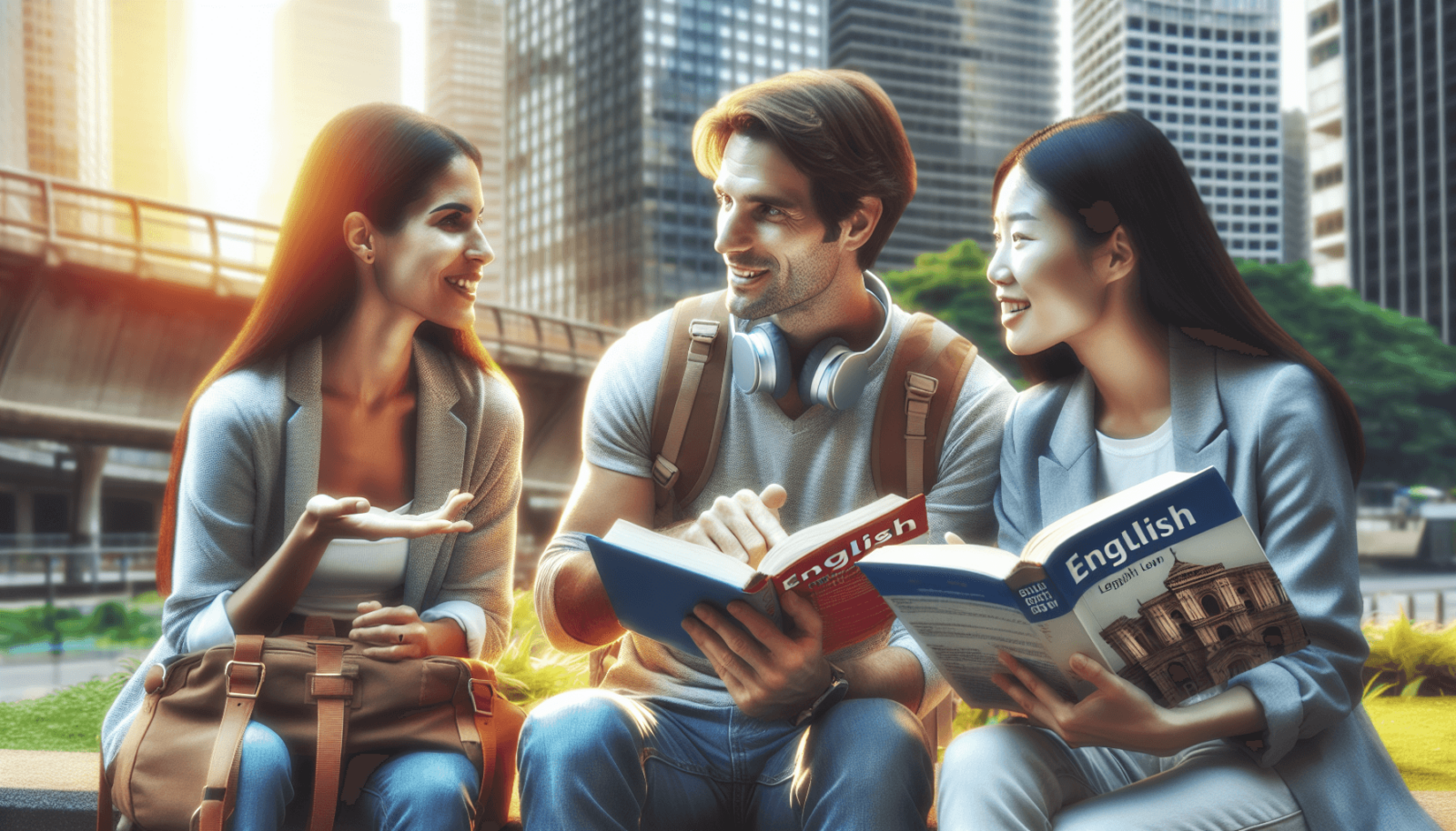 Három személy élénk beszélgetésbe merül egy városi parkban. Egy spanyol nő, egy kaukázusi férfi és egy ázsiai nő együtt ülnek egy padon, utazótáskák é