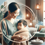 Egy ázsiai anya gyengéden ringatja beteg gyermekét egy meleg, lágyan megvilágított szobában, egy puha takaróval és nyugtató dekorációval körülvéve, am