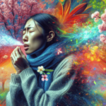 Egy ázsiai származású személy a szabadban áll, élénk virágok és buja zöld fák veszik körül, egy tüsszentés pillanatában. A pollen részecskéi láthatóak