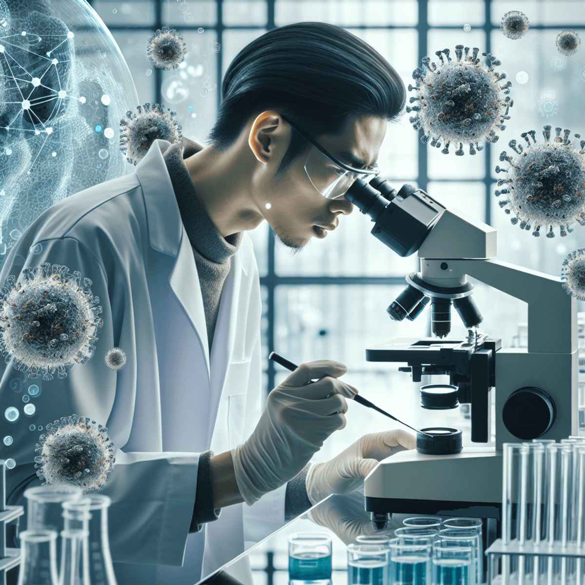 Egy ázsiai tudós látható egy jól felszerelt laboratóriumban, ahol intenzíven vizsgál mintákat egy modern mikroszkóp alatt. A laborban a majomhimlő vírusának szimbolikus ábrázolásai találhatók, például mikroszkopikus képek vagy biológiai illusztrációk. A környezet hangulata komoly és felkészült, hangsúlyozva a közegészségügyi kutatás fontosságát.