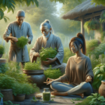 Egy csendes kert, tele különböző gyógynövényekkel és növényekkel, ahol egy érett kaukázusi férfi válogatja a gyógynövényeket, egy fiatal spanyol nő me