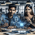 Egy dél-ázsiai férfi és egy spanyol nő együttműködik egy modern, technológia-tematikájú munkaterületen, melyet elegáns laptopok, élénk vázlatok és inn