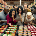 Egy élelmiszerbolt polcát színes, vonzó csomagolású élelmiszerek töltik ki. Elöl egy Közel-Keleti nő, egy Fekete férfi és egy Ázsiai gyermek kíváncsi